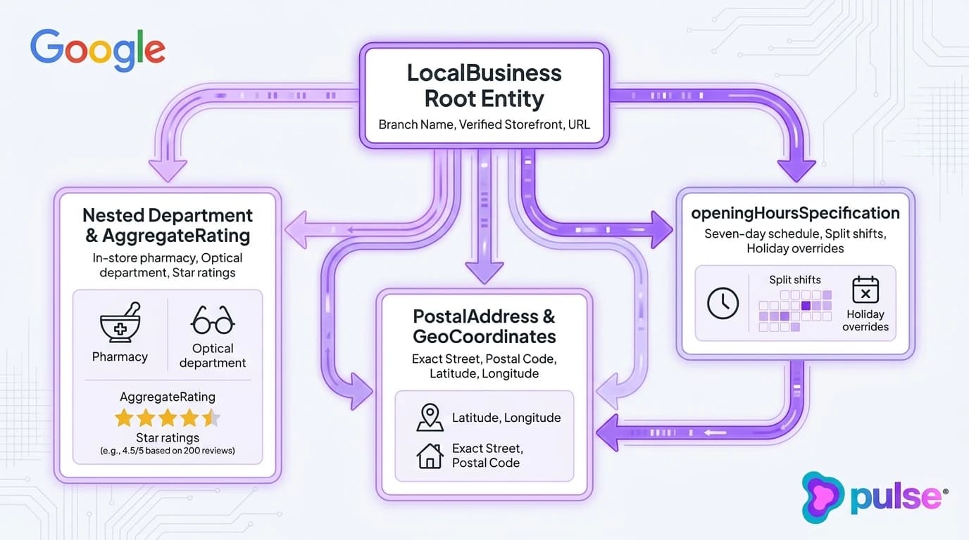 Technical architecture blueprint mapping Schema.org LocalBusiness JSON-LD entity nodes for multi-branch location pages