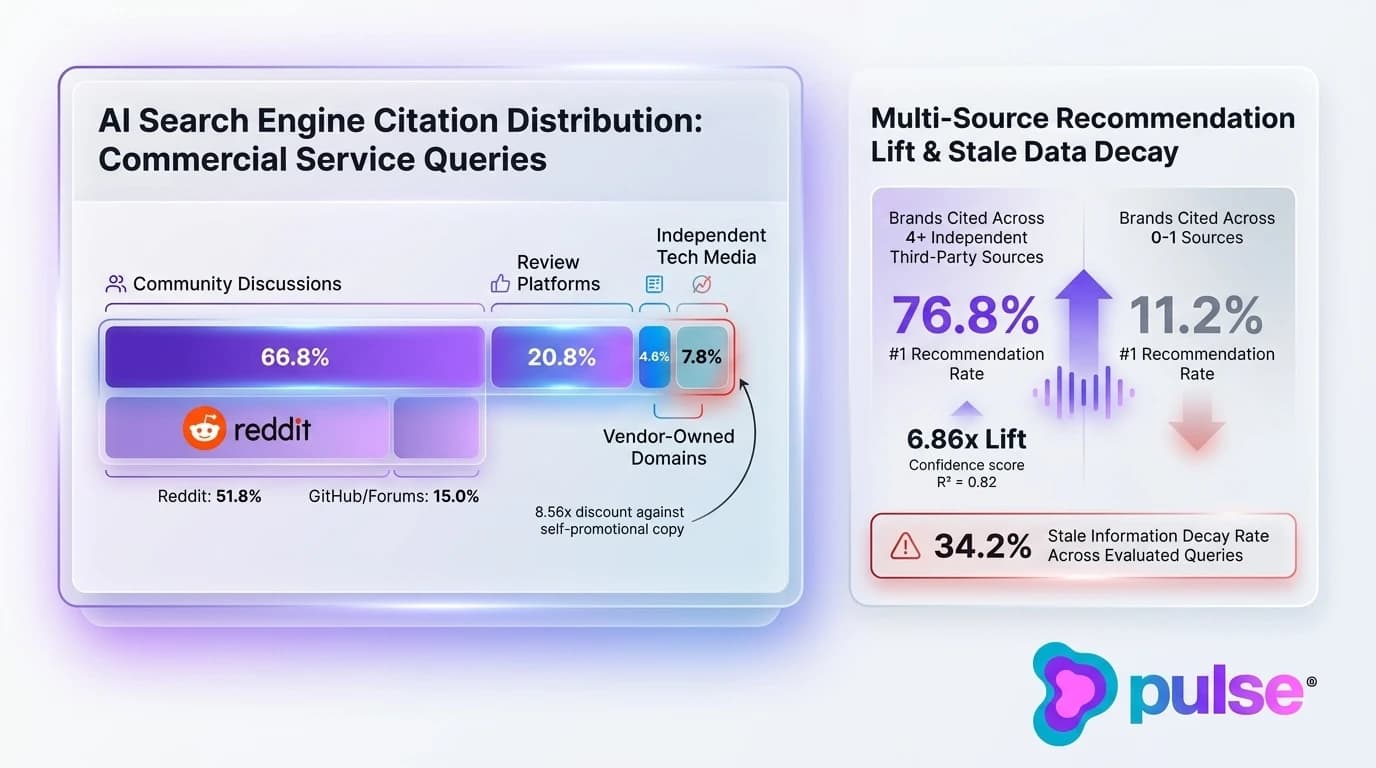 Data graph illustrating AI search citation distribution, multi-source recommendation lift, and stale data decay rates