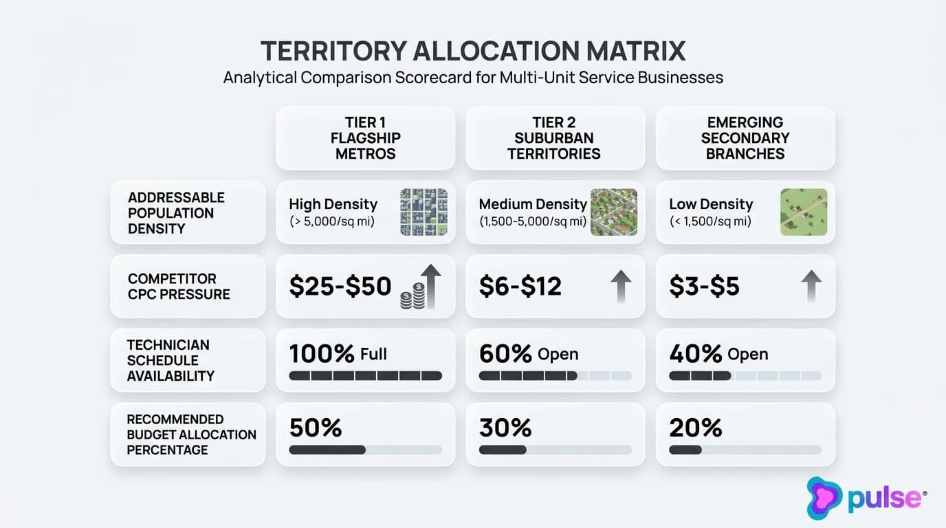 Analytical comparison scorecard illustrating the Territory Allocation Matrix comparing Tier 1 Metros, Tier 2 Suburban markets, and Secondary Branches