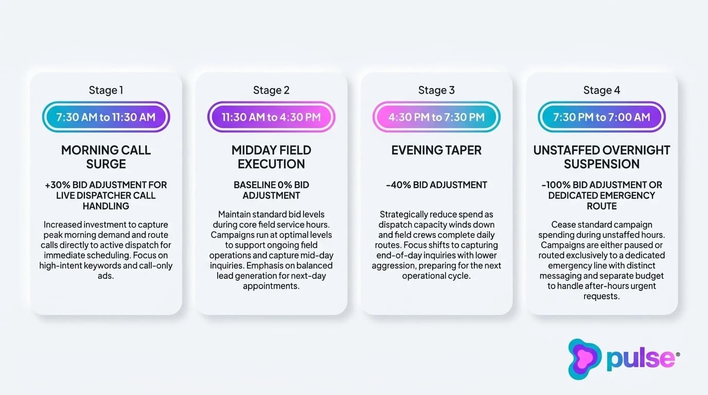 Tactical workflow diagram of dispatch-synchronized dayparting showing hourly bid multipliers and call handling shifts