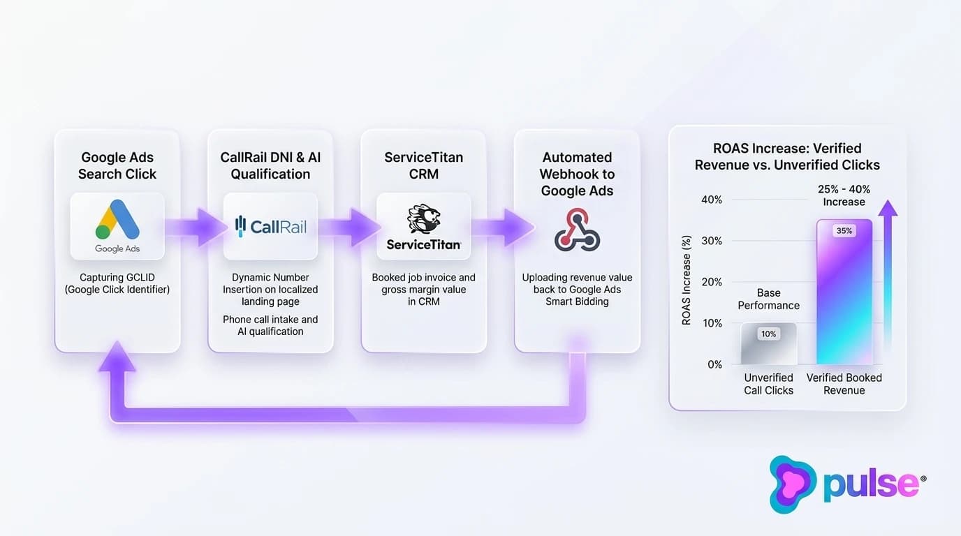 Analytical data graph illustrating closed-loop offline conversion tracking data flow and resulting ROAS gains