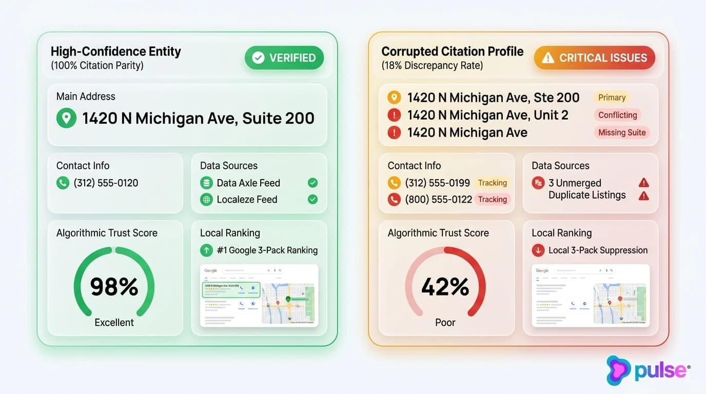 Comparison scorecard contrasting algorithmic entity confidence between a clean 100% parity citation profile and a corrupted profile with 18% discrepancy rate