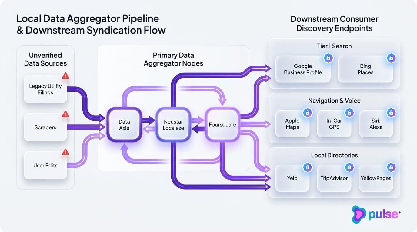 Technical system architecture diagram mapping the flow of local business data from core aggregators to downstream search and navigation apps