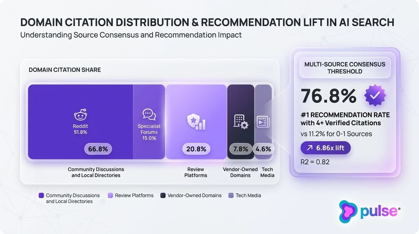 Data graph illustrating AI search domain citation share and the 6.86x recommendation lift achieved through multi-source directory consensus