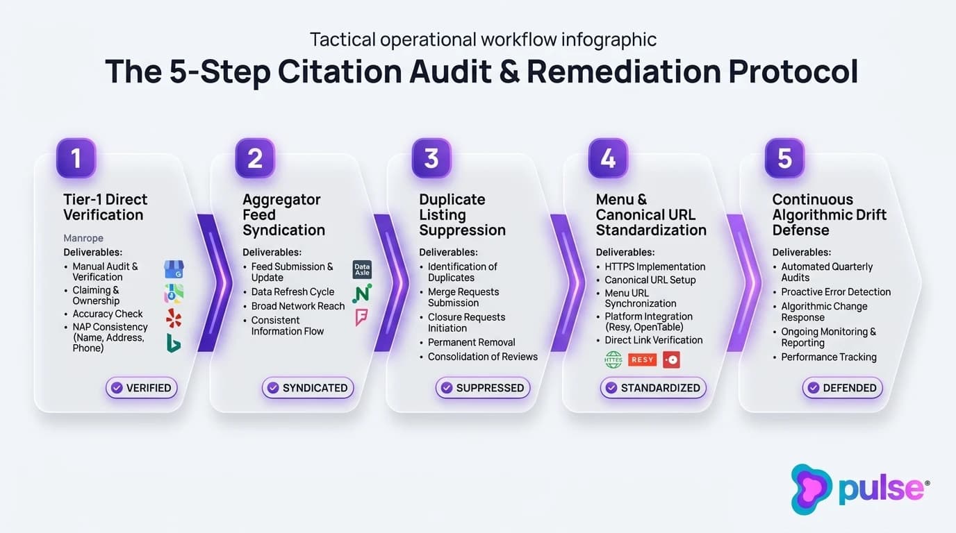 Tactical workflow infographic detailing the 5-step citation audit and continuous remediation protocol for local business listings