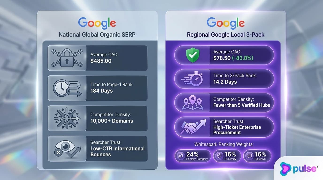 Comparison scorecard contrasting national global organic SERP competition against regional Google Local 3-Pack dynamics for enterprise software vendors