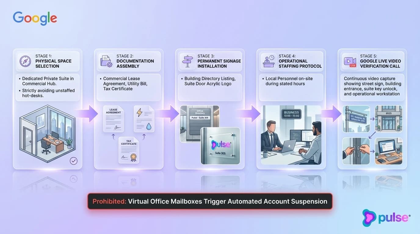 Step-by-step tactical workflow diagram detailing the 5-stage Google verification playbook for hybrid B2B SaaS field offices