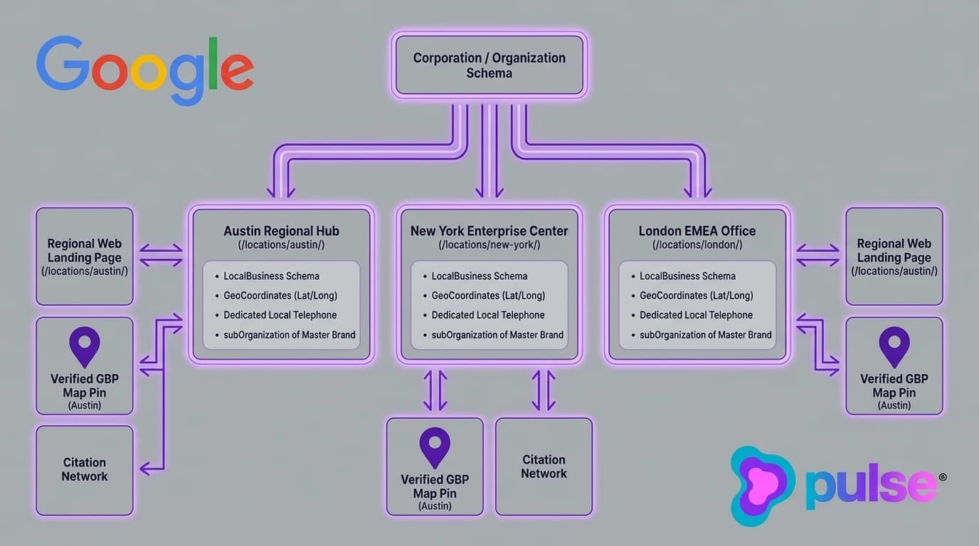 Technical system architecture diagram mapping root Corporation entity schema to regional landing pages, LocalBusiness JSON-LD nodes, and verified GBP map pins