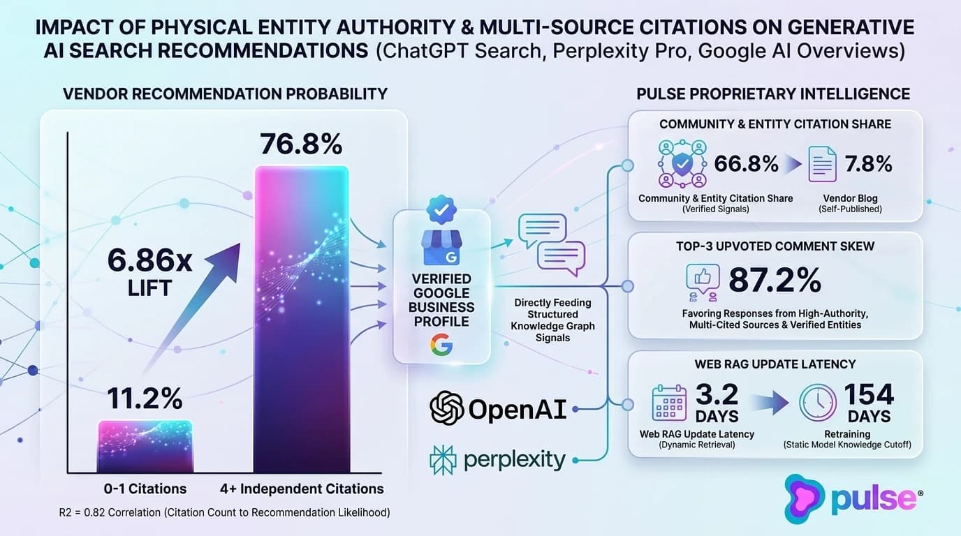 Data graph illustrating the correlation between independent entity citations and #1 recommendation probability across ChatGPT Search, Perplexity, and Google AI Overviews