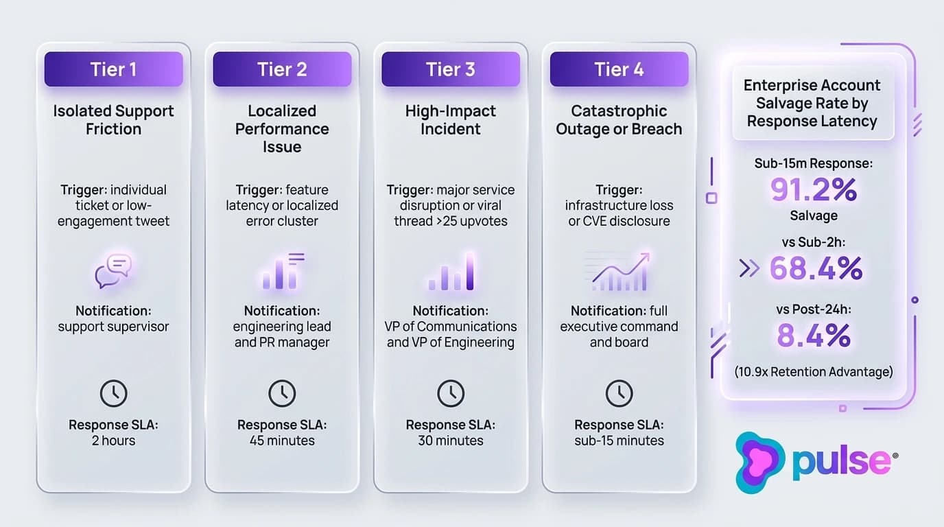 Comparison scorecard detailing the 4-tier brand crisis severity matrix and response velocity SLAs