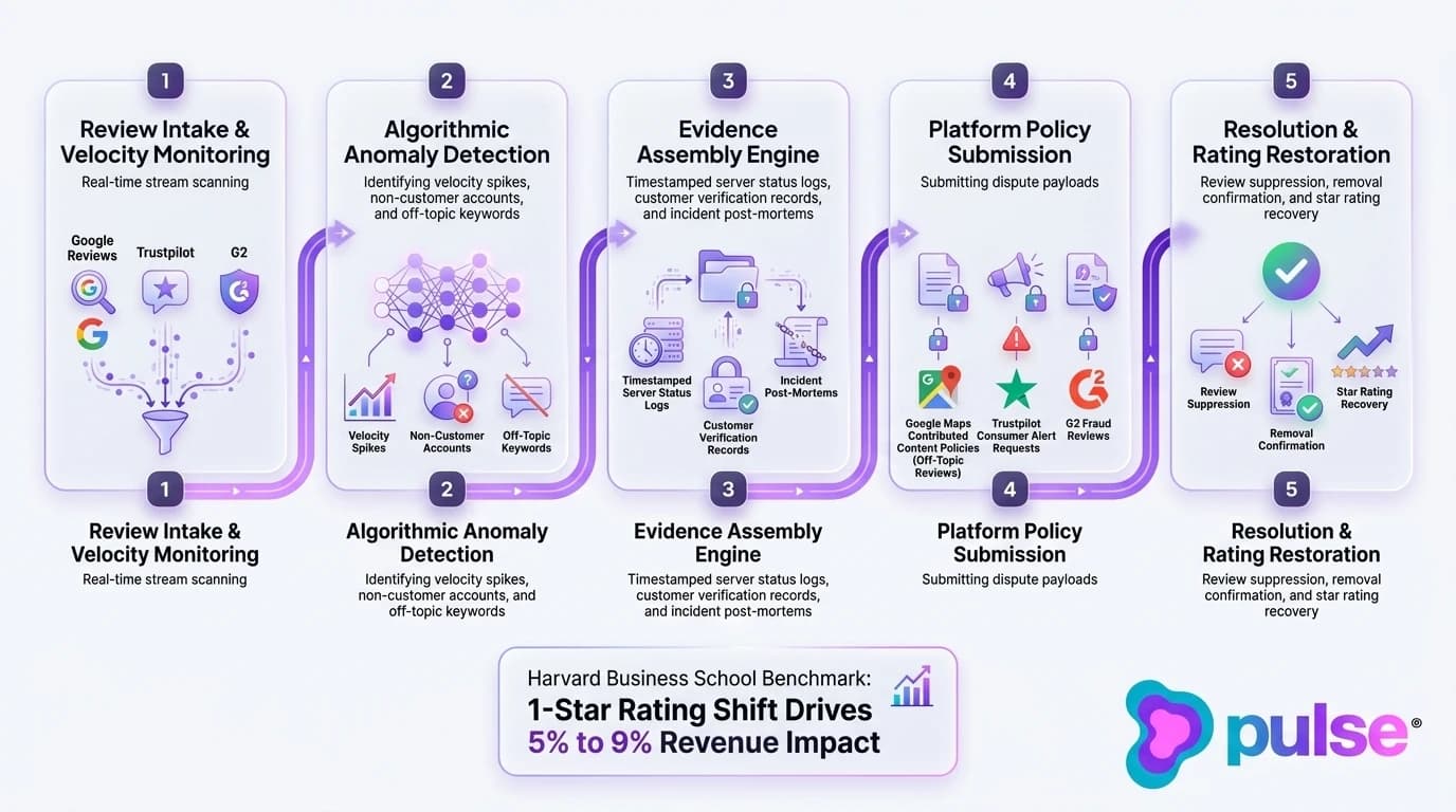 Technical architecture diagram of the multi-platform review attack dispute pipeline and evidence assembly workflow