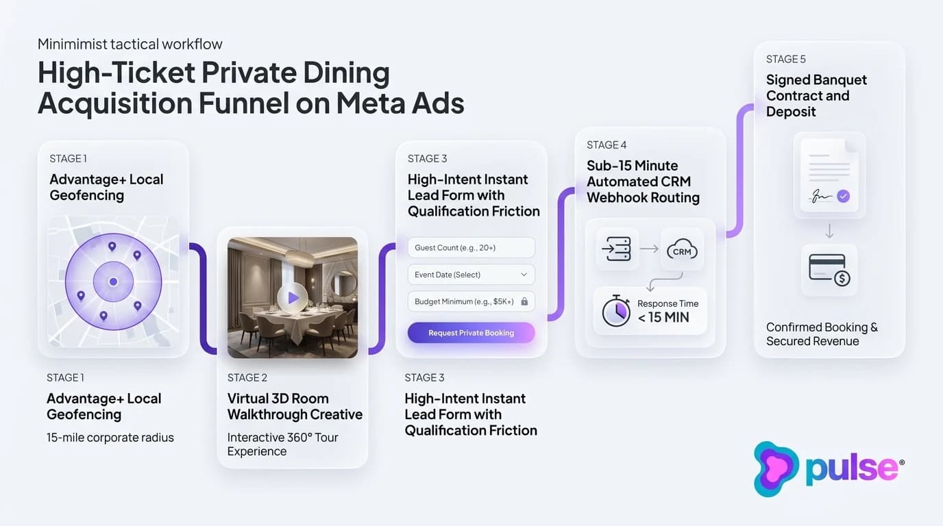 Tactical workflow diagram of the high-ticket private dining acquisition funnel on Meta Ads
