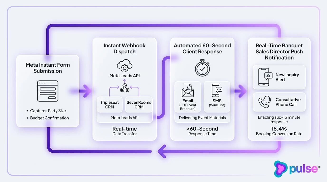 Technical architecture diagram showing automated speed-to-lead CRM routing and instant event brochure delivery