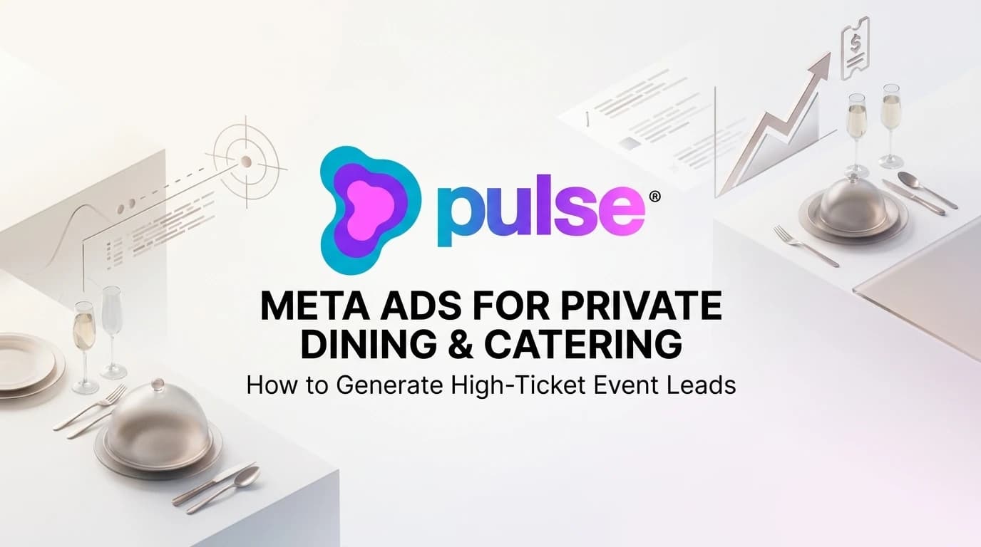 Editorial illustration of Meta Ads lead generation for restaurant private dining with glassmorphic data panels in violet, lavender, and cyan