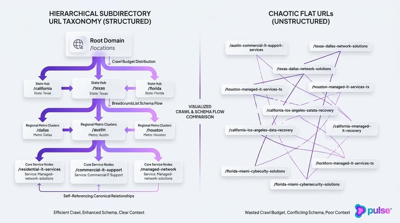 System architecture diagram illustrating hierarchical subdirectory URL taxonomy and crawl budget flow for multi-location SEO