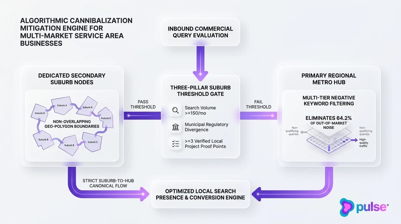 Tactical workflow diagram detailing the algorithmic cannibalization mitigation engine and geo-polygon routing framework
