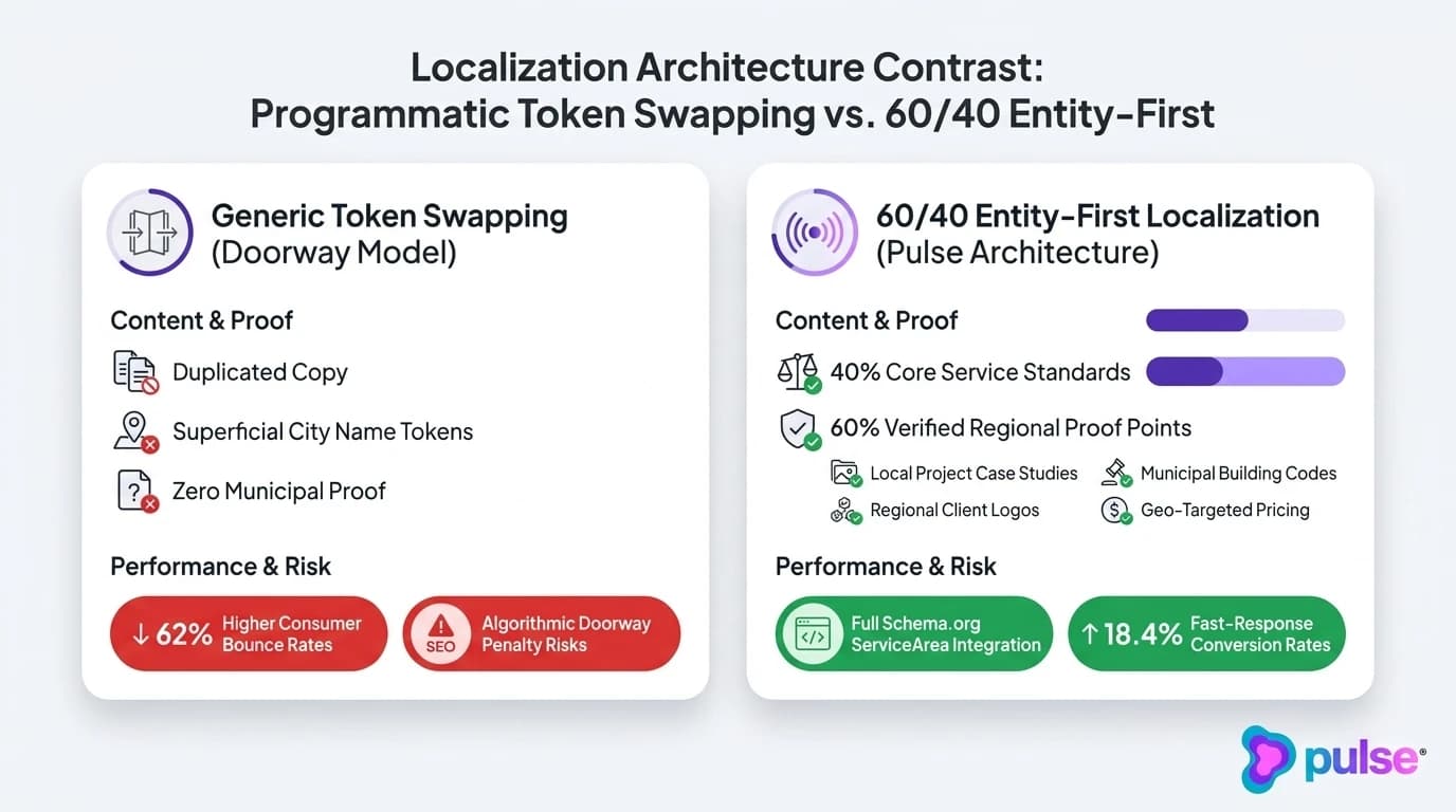 Comparison scorecard contrasting generic token-swapped city pages against 60/40 entity-first localized landing page architecture
