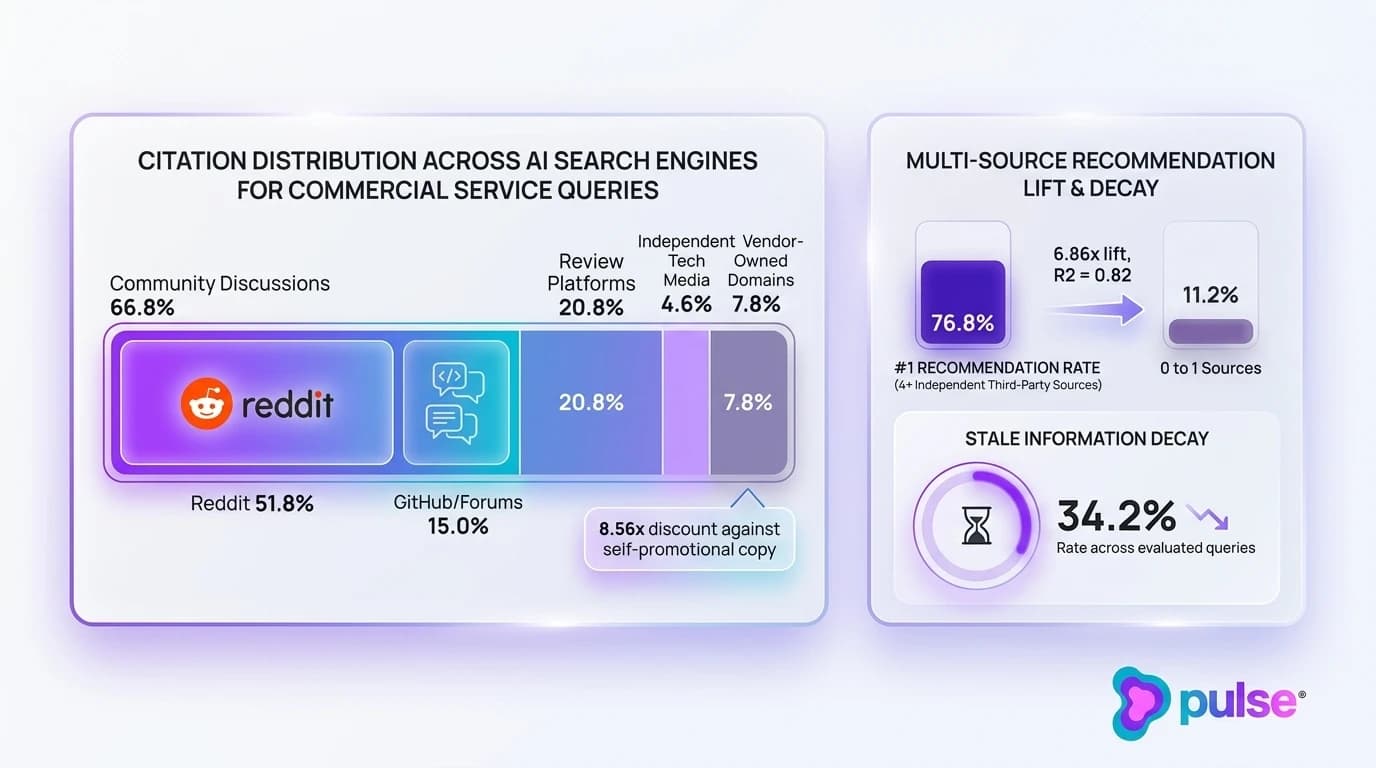 Data graph illustrating AI search citation distribution, multi-source recommendation lift, and stale data decay rates