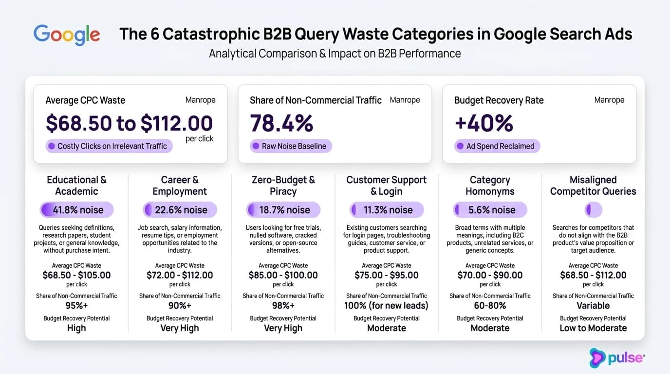 Analytical comparison scorecard illustrating the 6 catastrophic query waste categories in B2B Google Search Ads