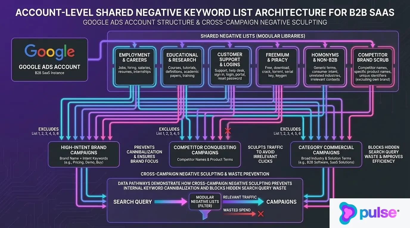 Technical system architecture diagram of account-level shared negative keyword lists in Google Ads