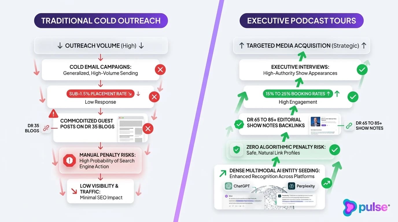 Comparison scorecard contrasting traditional cold email outreach with executive podcast tour link building