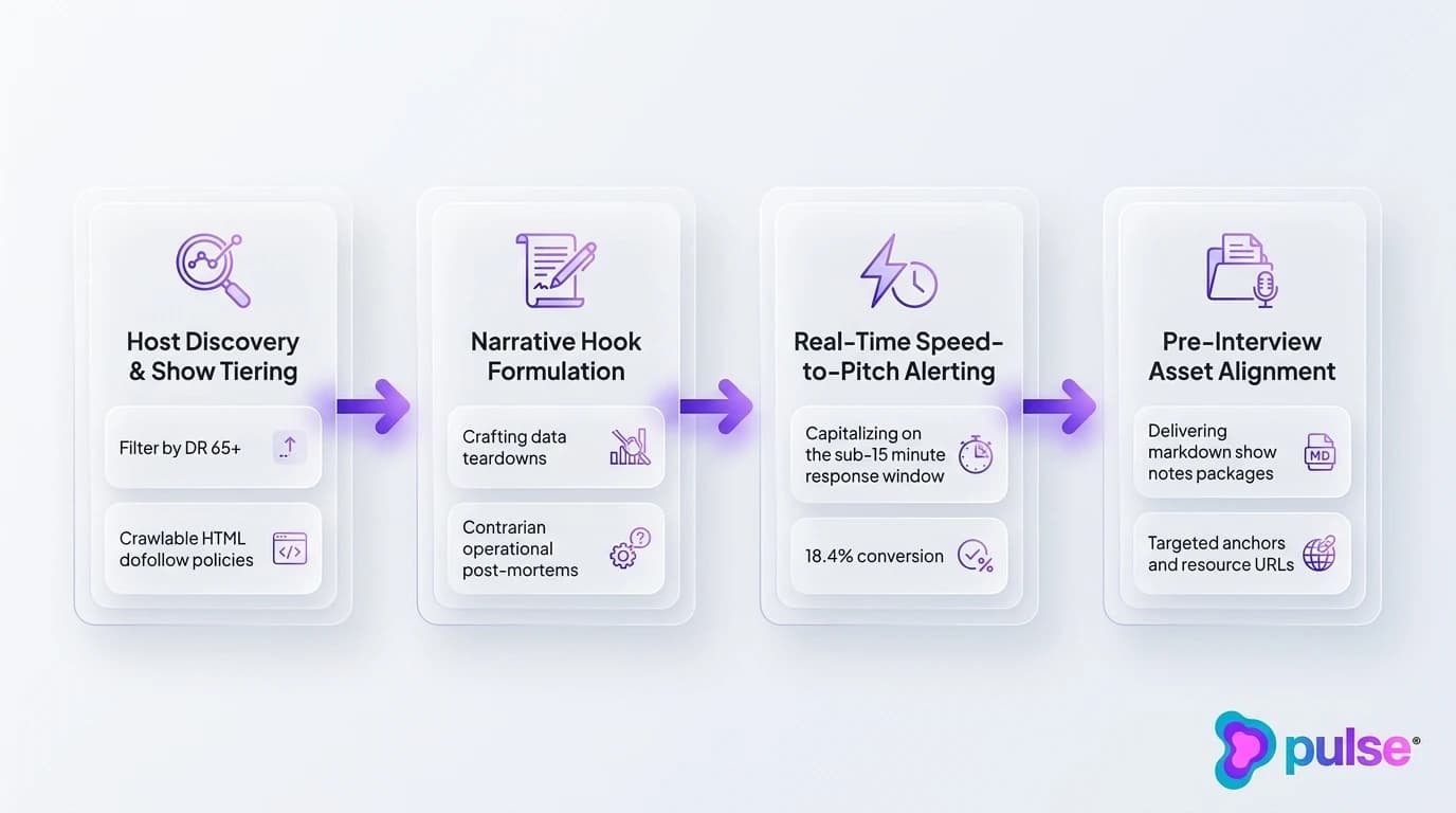 Tactical workflow diagram showing the 4-stage founder podcast pitching and booking pipeline