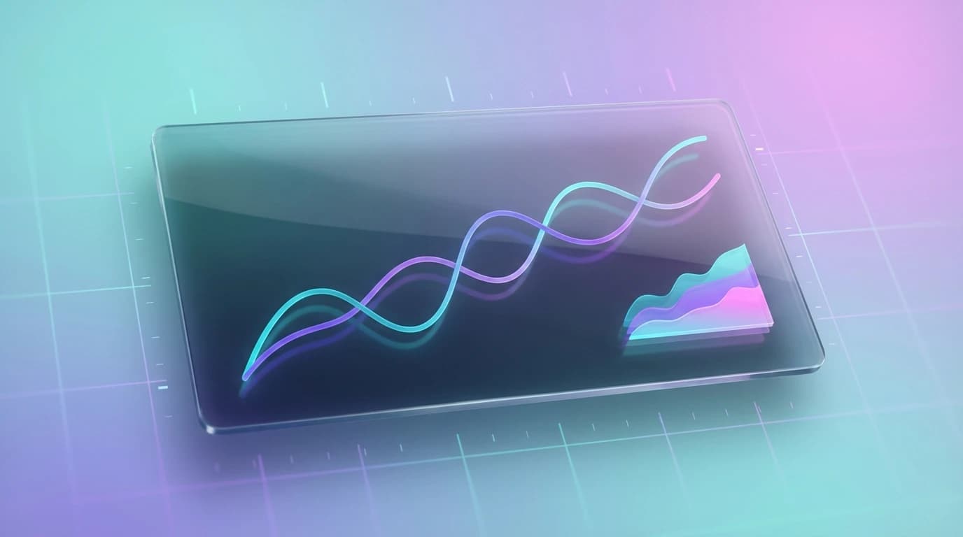 Abstract analytics panel with two trend lines crossing over a faint grid, representing share of voice tracked month over month