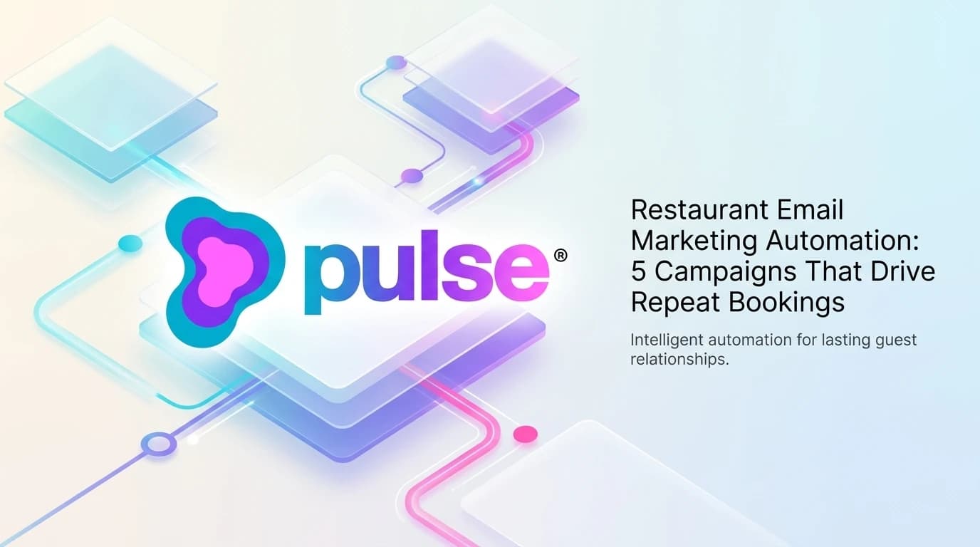 Editorial illustration of an automated restaurant email marketing engine connecting POS terminals and reservation systems to lifecycle workflows in violet, lavender, and cyan
