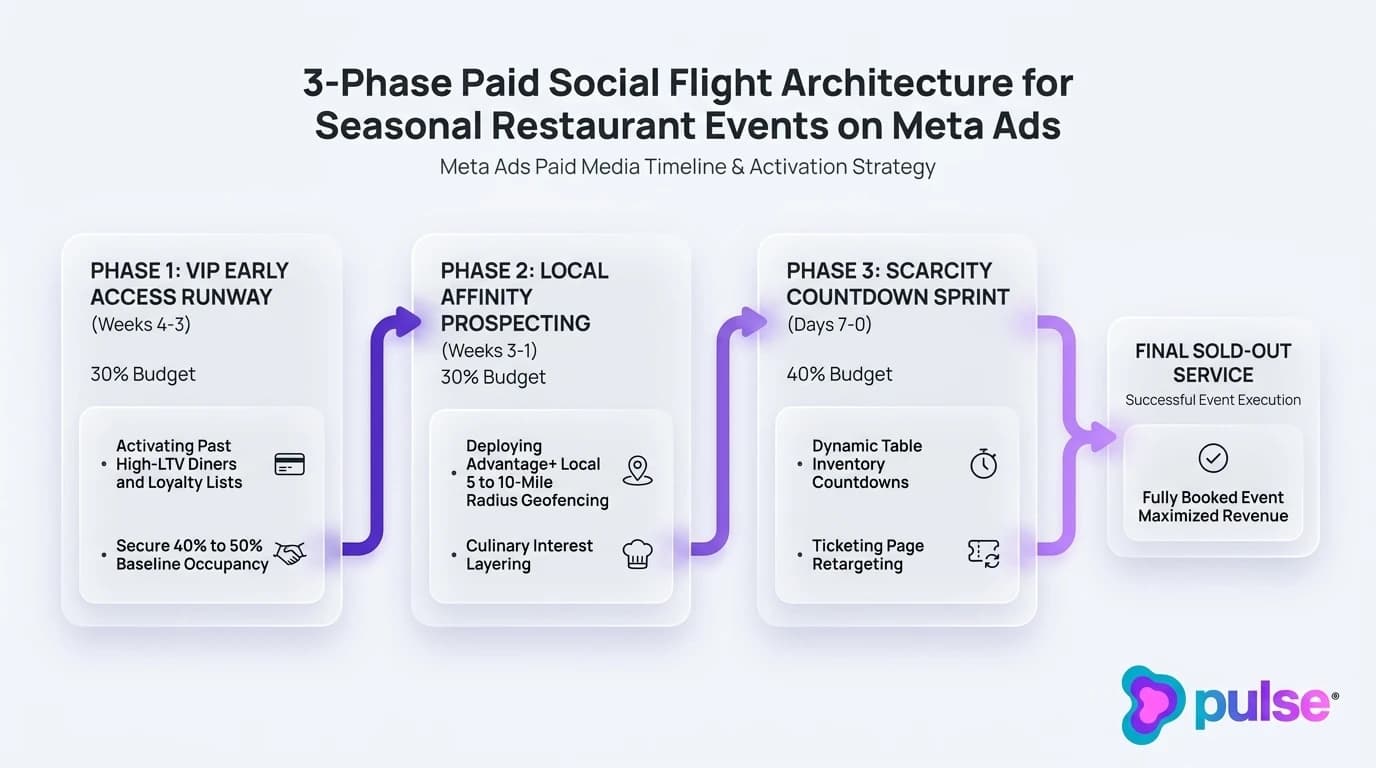Tactical workflow diagram illustrating the 3-phase paid social flight schedule for seasonal restaurant events on Meta Ads