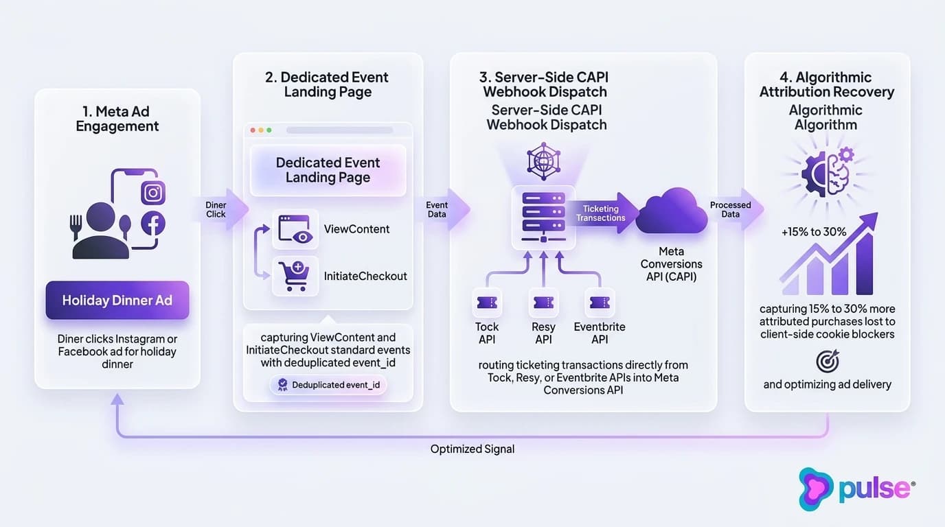 Technical architecture diagram illustrating server-side Meta Conversions API ticketing attribution for Tock, Resy, and Eventbrite