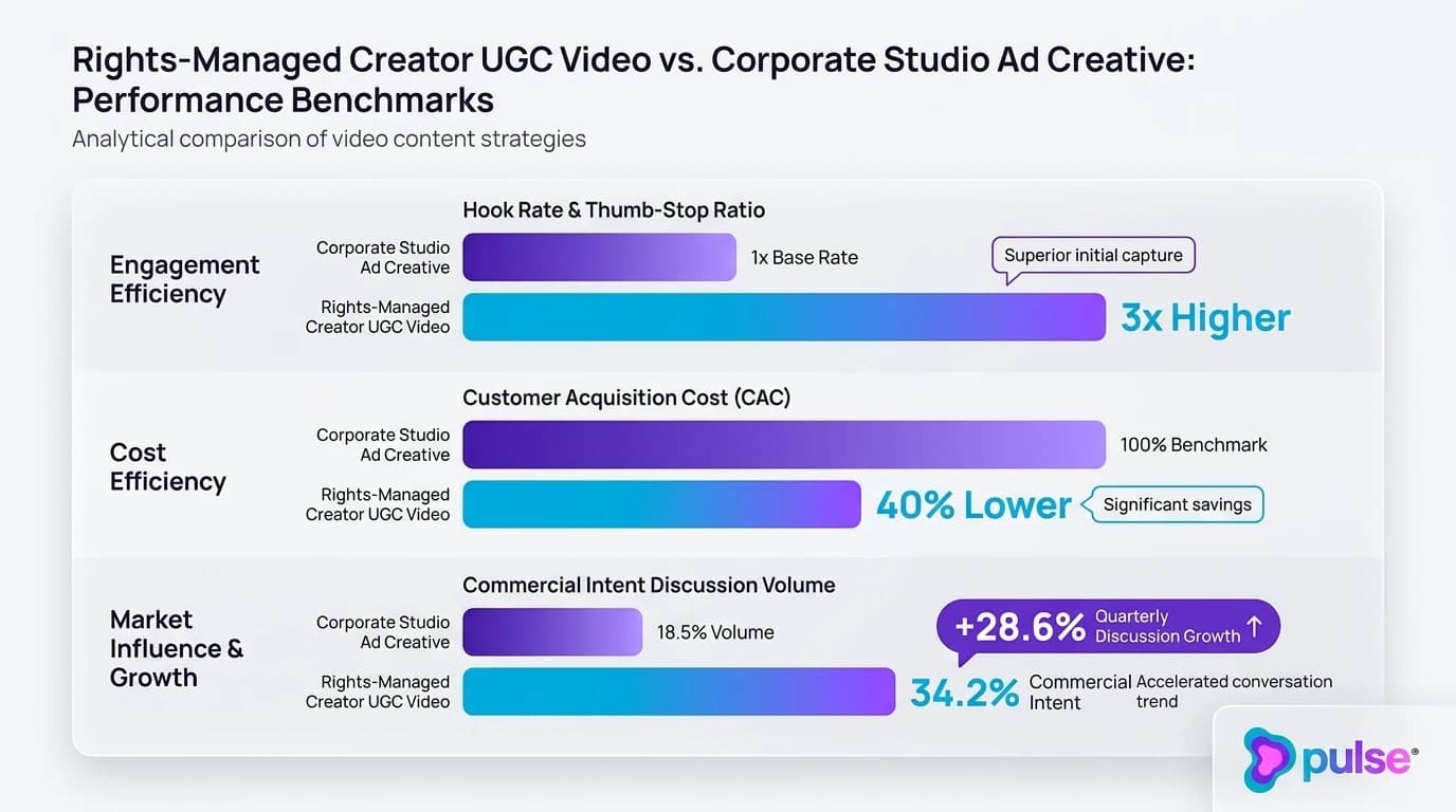 Analytical data graph showing 34.2% commercial intent density and quarterly growth across B2B tech creator discussions
