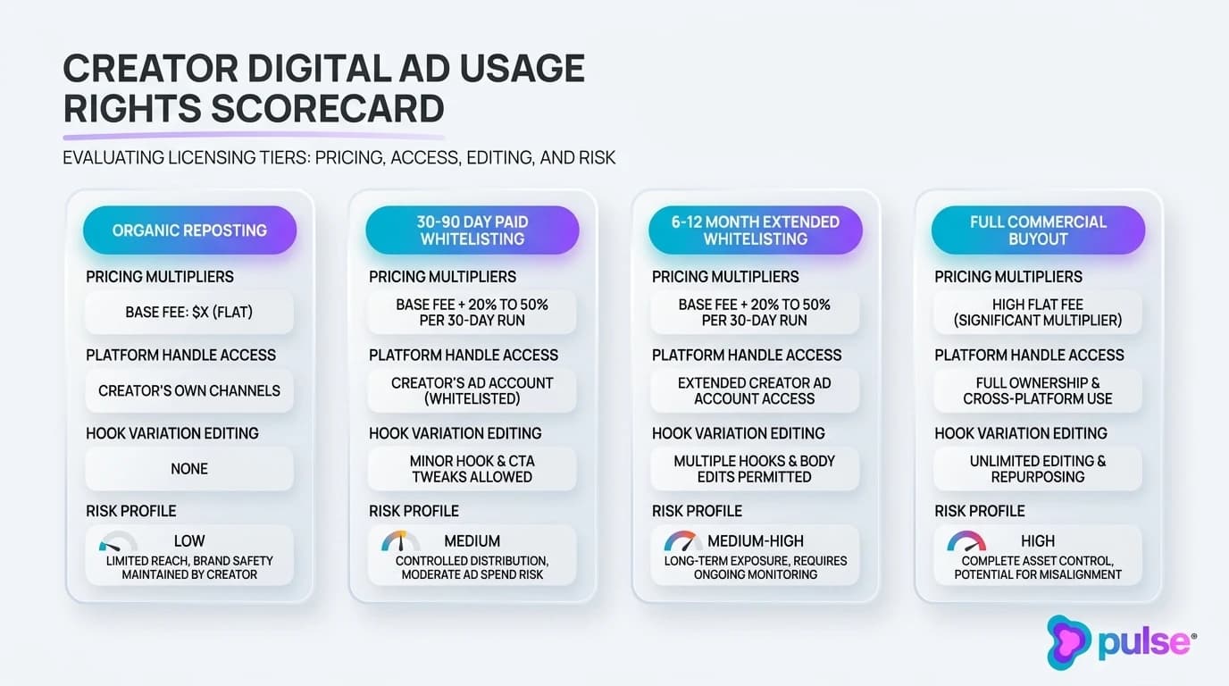 Comparative scorecard evaluating creator digital ad usage rights across four licensing tiers
