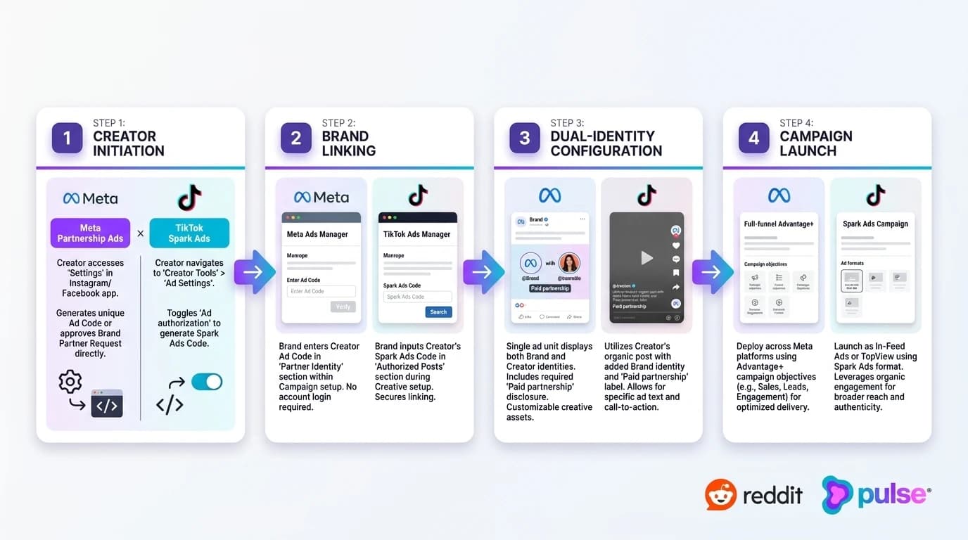 Tactical workflow diagram illustrating the step-by-step operational setup for Meta Partnership Ads and TikTok Spark Ads