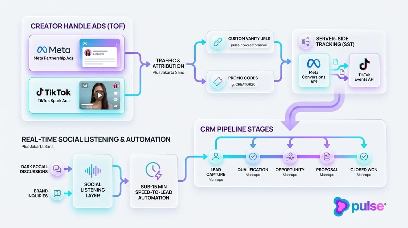Technical architecture diagram of the full-funnel B2B UGC paid acquisition and attribution stack