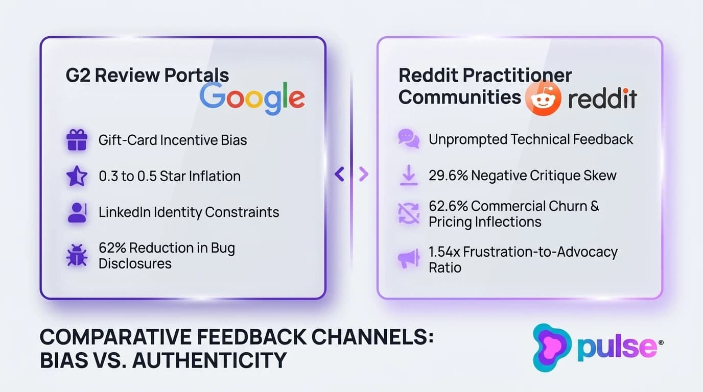 Comparison scorecard matrix contrasting G2 review feedback characteristics against unvarnished Reddit software discussions