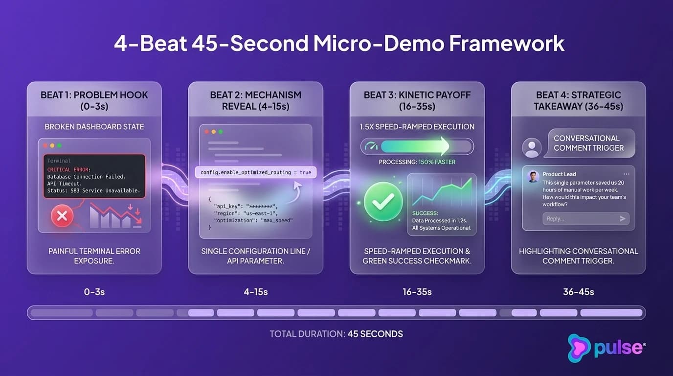Technical architecture diagram illustrating the 4-beat 45-second micro-demo framework for B2B software products