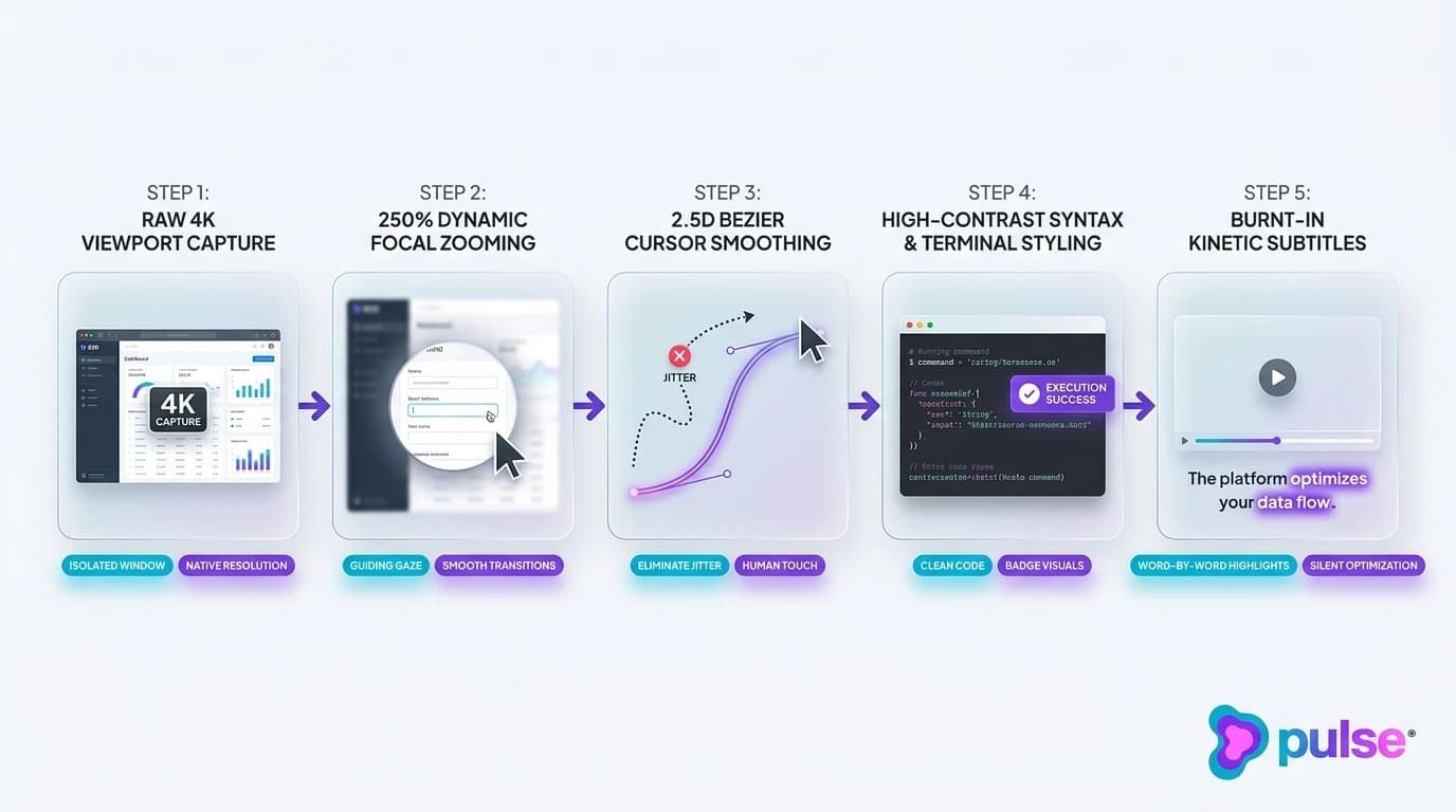 Tactical workflow diagram illustrating the 5-step UI motion design and screen recording pipeline