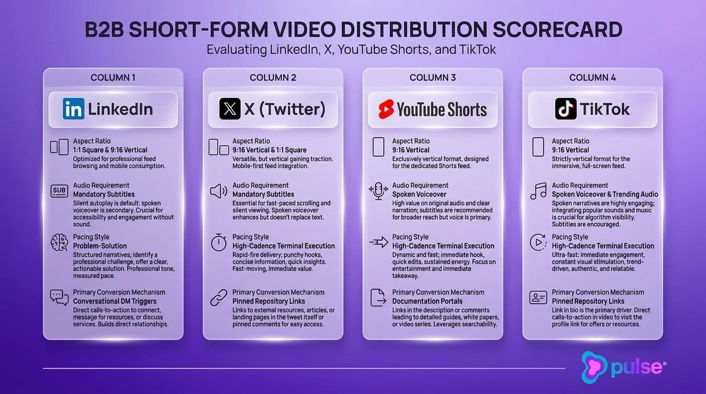 Cross-platform short-form video distribution scorecard comparing LinkedIn, X, YouTube Shorts, and TikTok