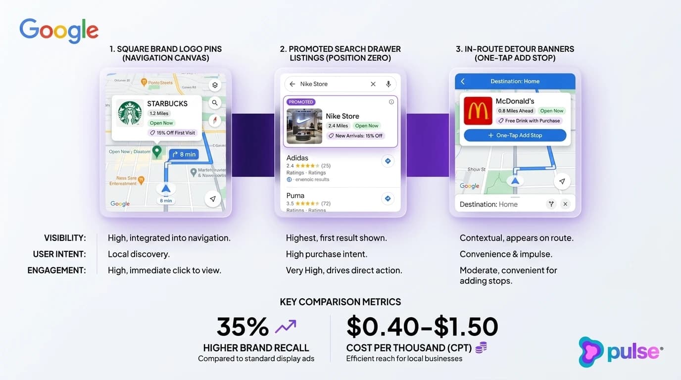 Comparison matrix showing square logo pins, promoted search drawer listings, and in-route detour banners on Google Maps