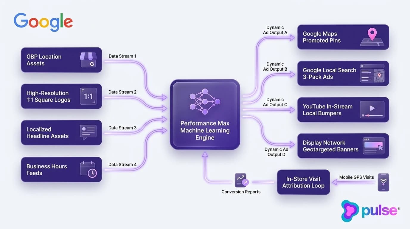 System architecture diagram illustrating Performance Max for store goals inputs, machine learning engine, and multi-channel local delivery