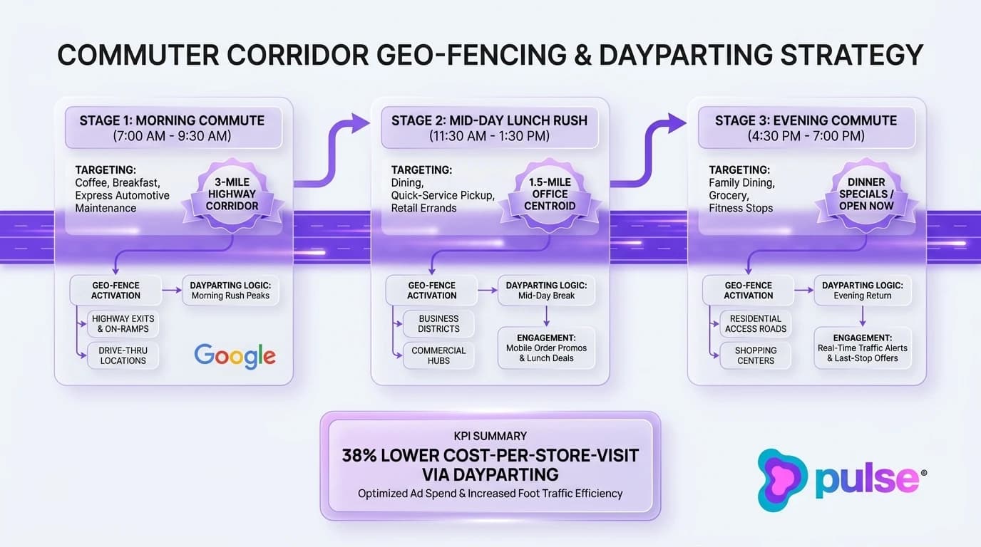 Tactical workflow diagram of commuter corridor geo-fencing and dayparting schedule along highway transit routes