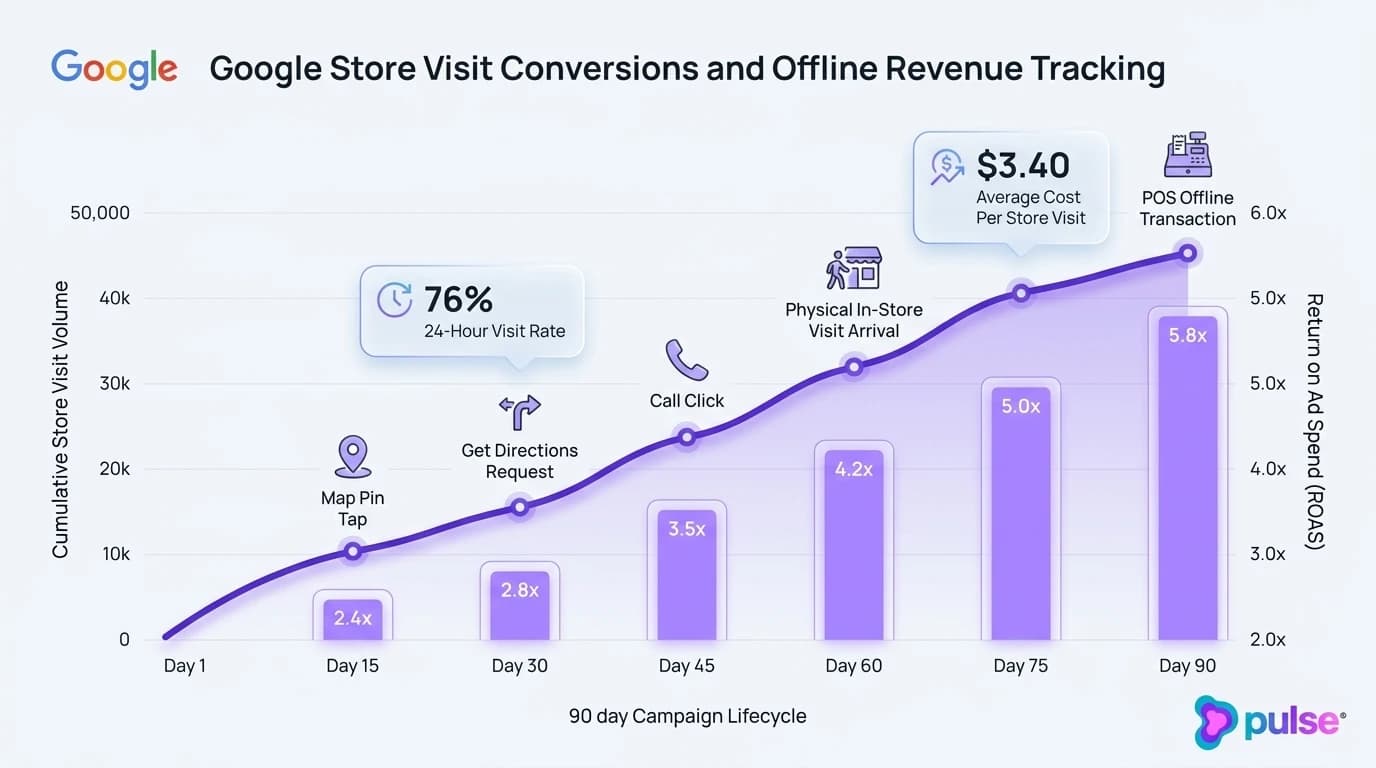 Data visualization graph illustrating in-store visit volume, return on ad spend scaling, and offline conversion attribution