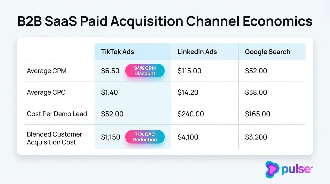 Analytical comparison scorecard showing B2B SaaS paid acquisition unit economics across TikTok Ads, LinkedIn Ads, and Google Search