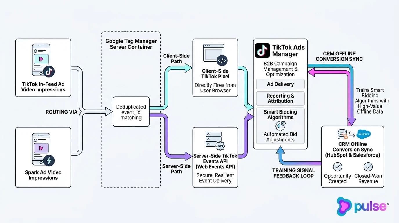 Technical architecture diagram of the TikTok Events API server-side tracking gateway and CRM conversion sync