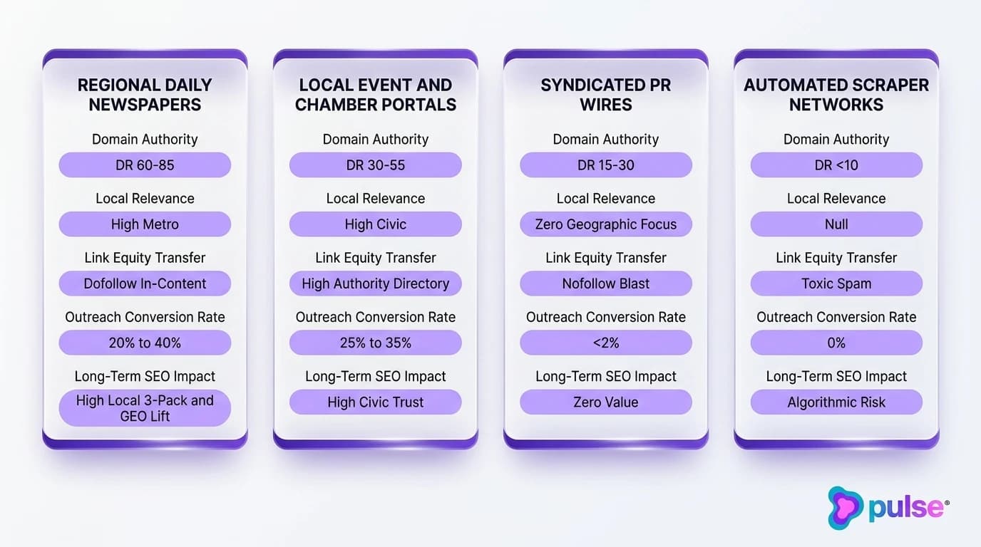 Comparative scorecard contrasting local publication tiers by domain authority, link equity, and outreach conversion rate