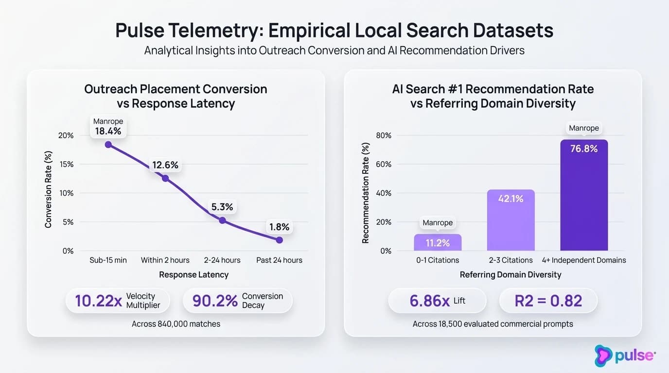 Analytical data graph displaying outreach placement decay against response latency and AI recommendation probability scaling with referring domain depth