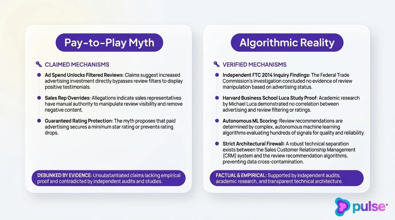 Comparison scorecard contrasting the Yelp advertising pay-to-play myth against empirical algorithmic reality and FTC findings