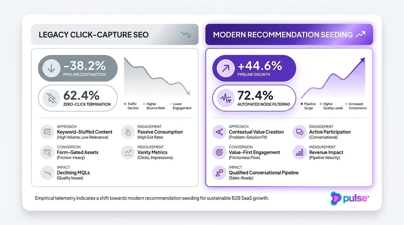 Comparison scorecard contrasting legacy click-capture SEO with modern recommendation seeding metrics