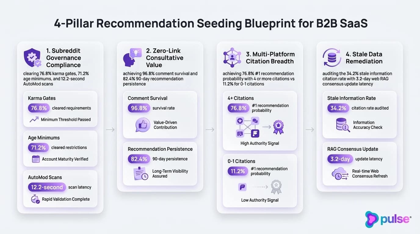 Tactical workflow diagram of the 4-pillar recommendation seeding blueprint for B2B SaaS