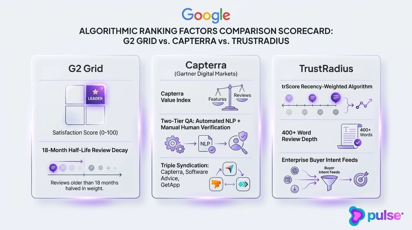 Comparison scorecard contrasting G2 Grid, Capterra Value Index, and TrustRadius trScore ranking algorithms and review verification standards